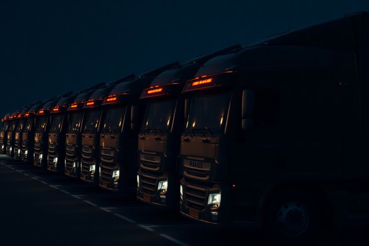 Row of identical fleet trucks lined up at night