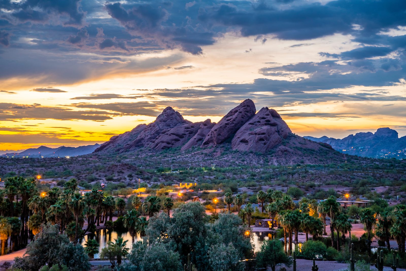 Papago Buttes and Camelback Mountain at sunset in Phoenix
