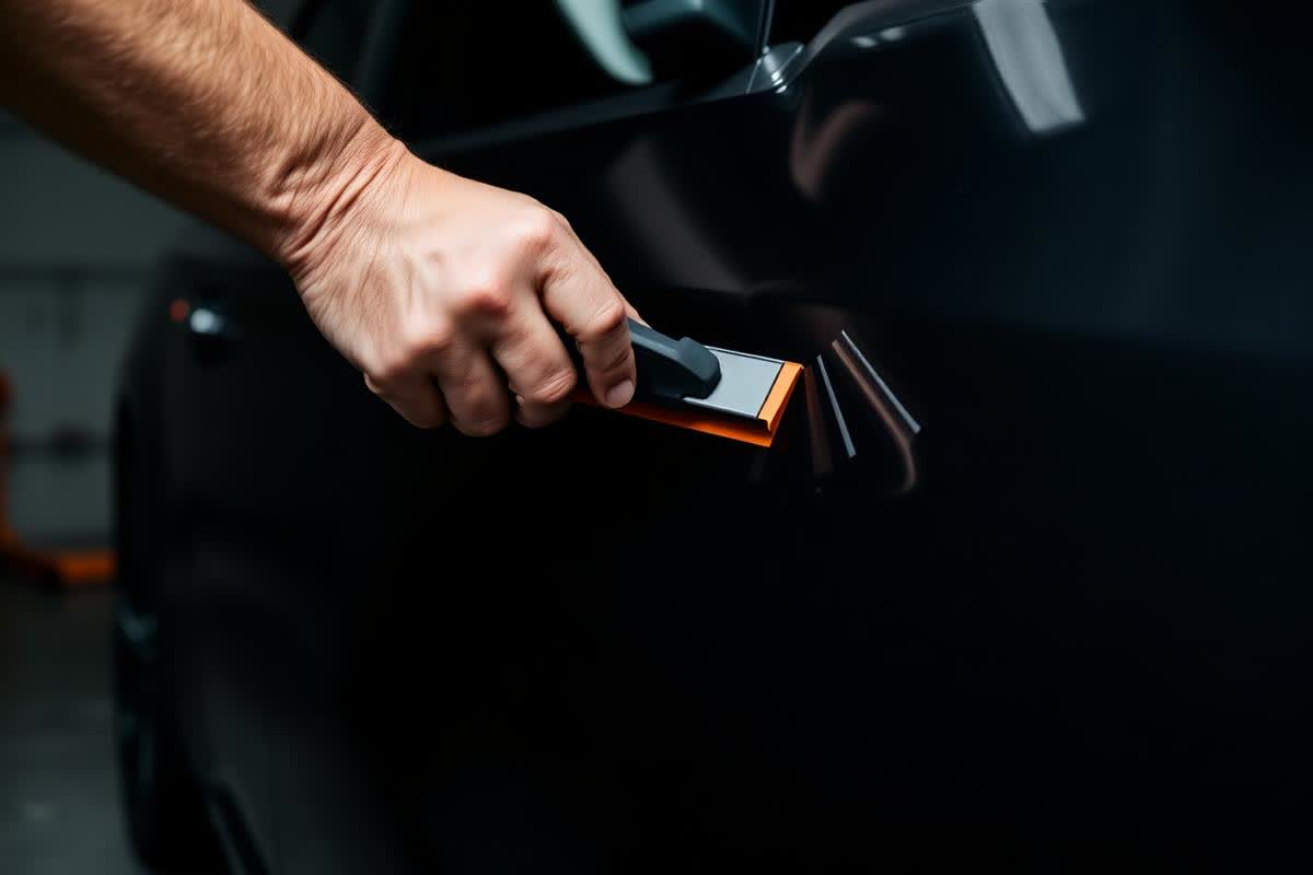 Installer squeegeeing vinyl film onto a vehicle panel