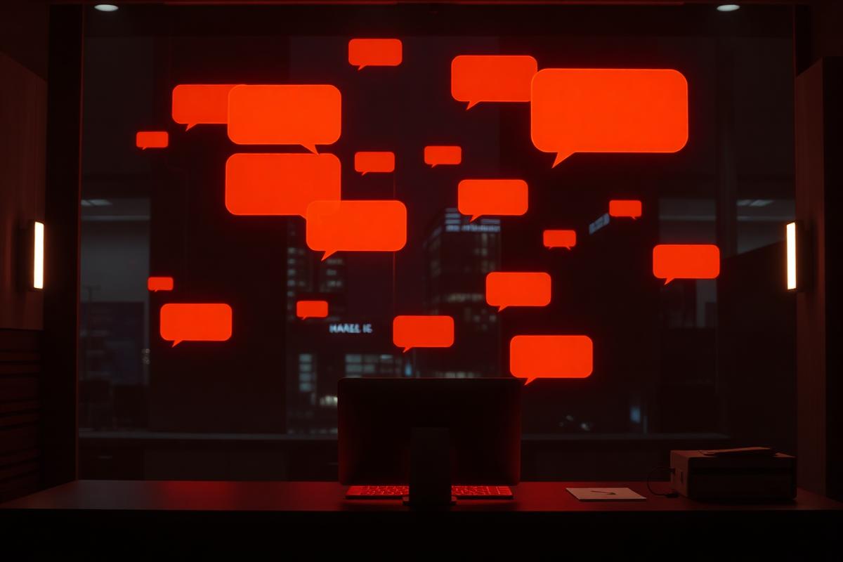Orange chat bubbles glowing above a dark office desk at night