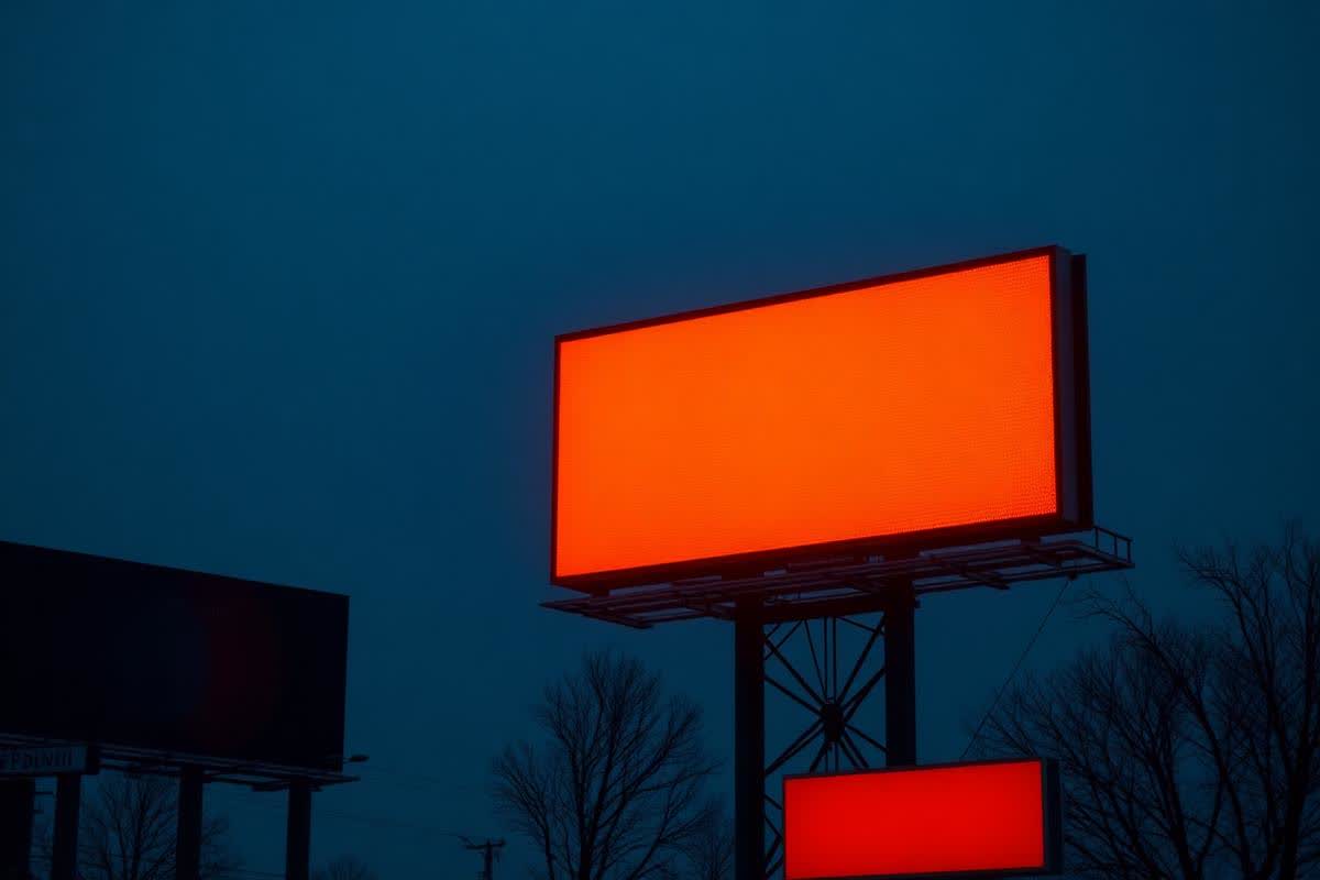 Digital LED billboard glowing orange at night beside a static board