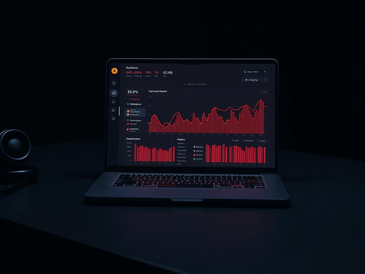 Social media analytics dashboard on a laptop in a dark Phoenix agency office