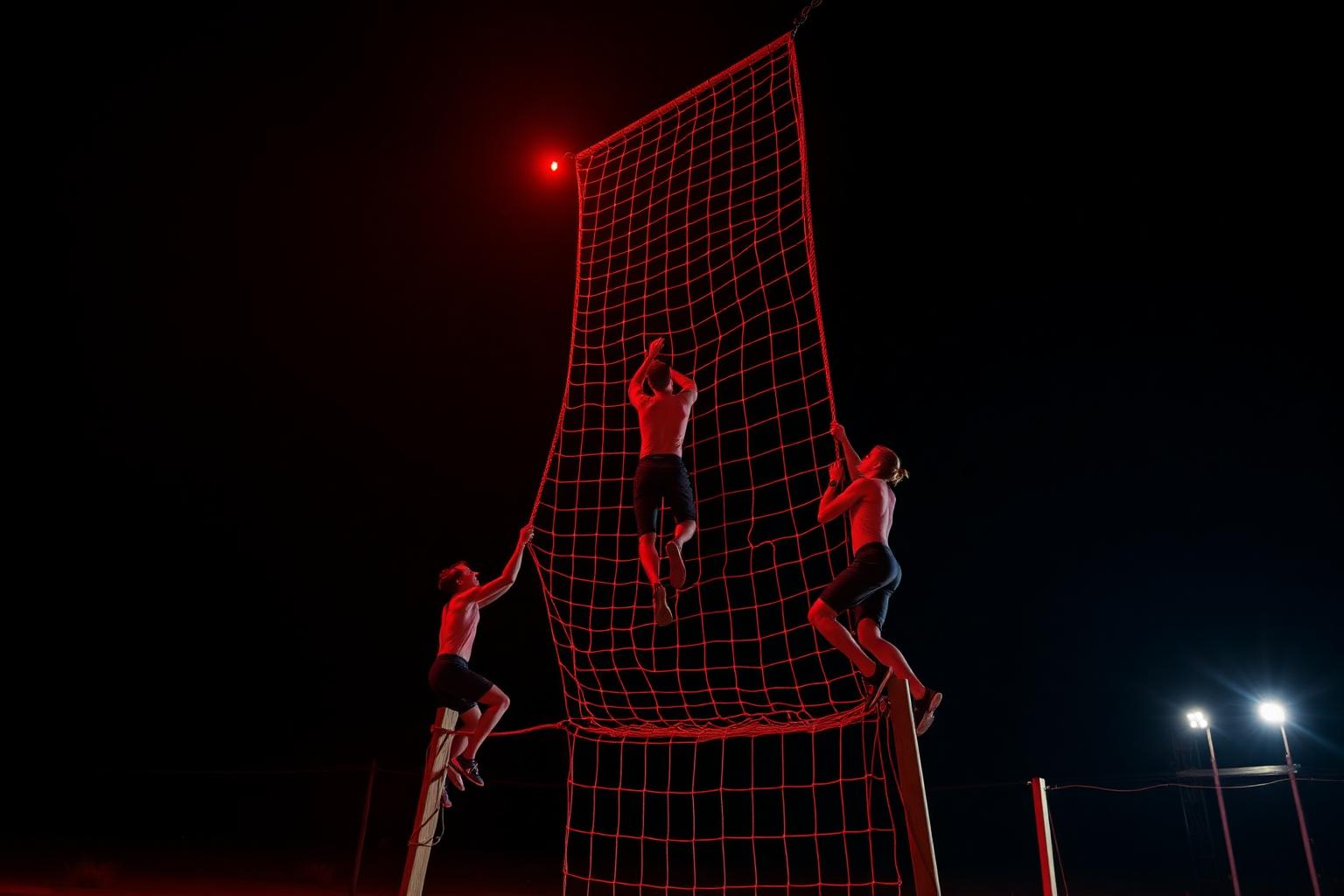 Obstacle course racers climbing a rope wall against a dramatic sky