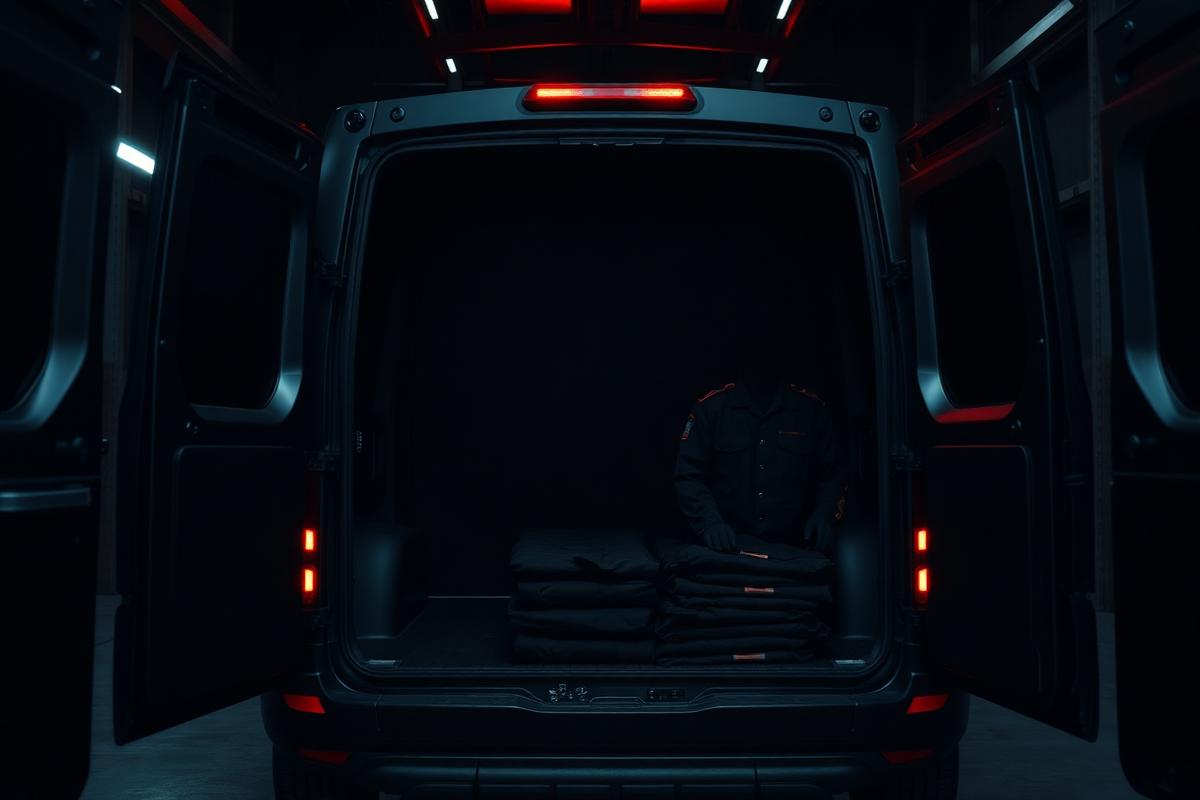 Work van and uniforms ready for brand rollout in a dark warehouse