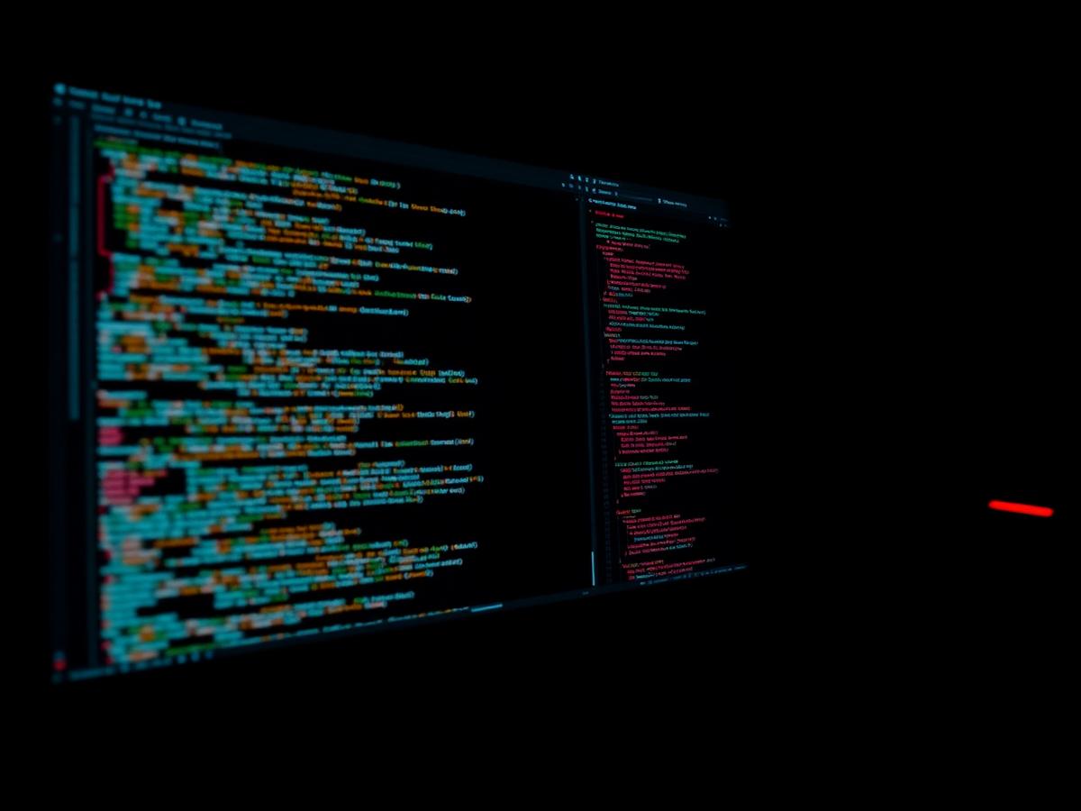 Developer screens showing site code and technical diagnostics in a dark room