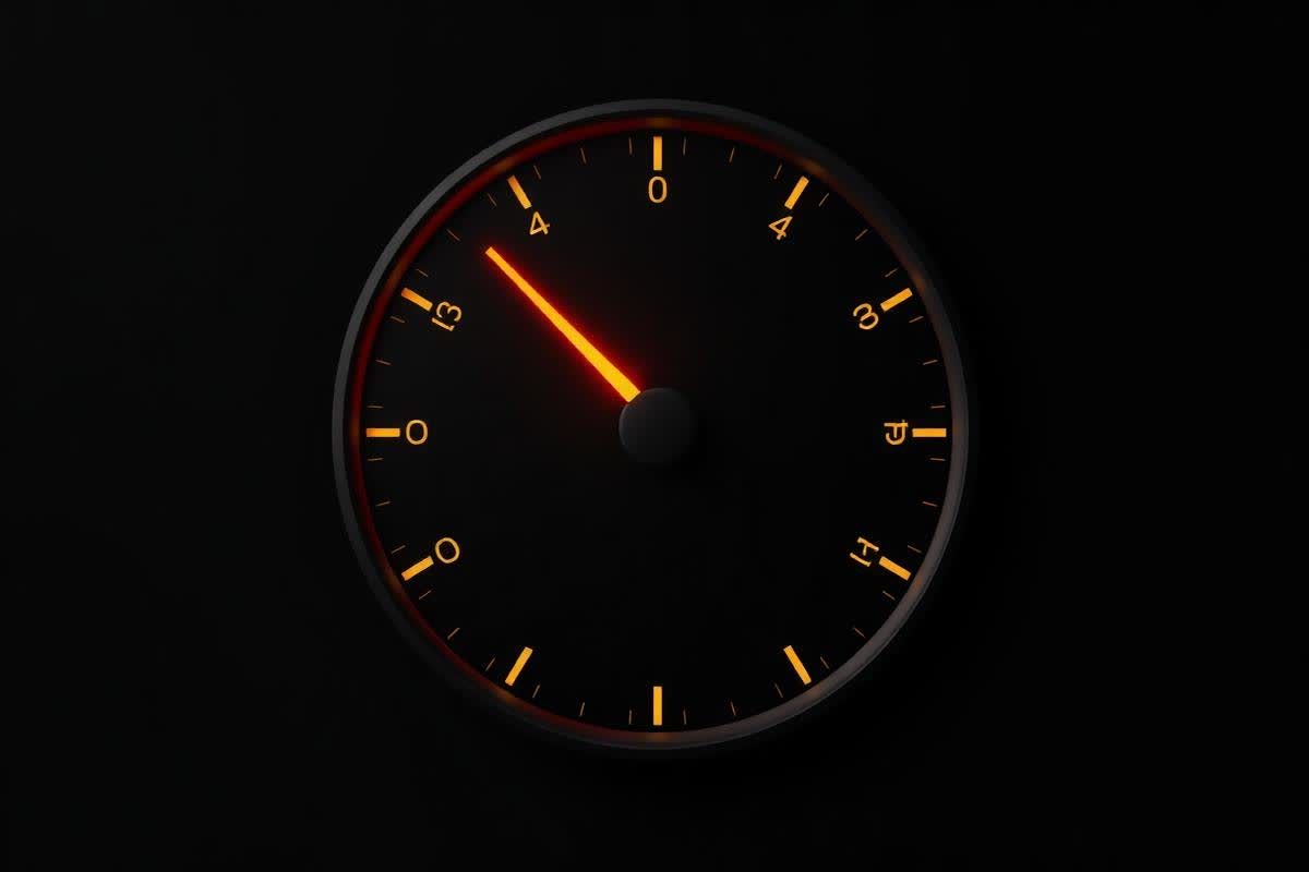 Dark gauge with a glowing orange needle representing budget and scale
