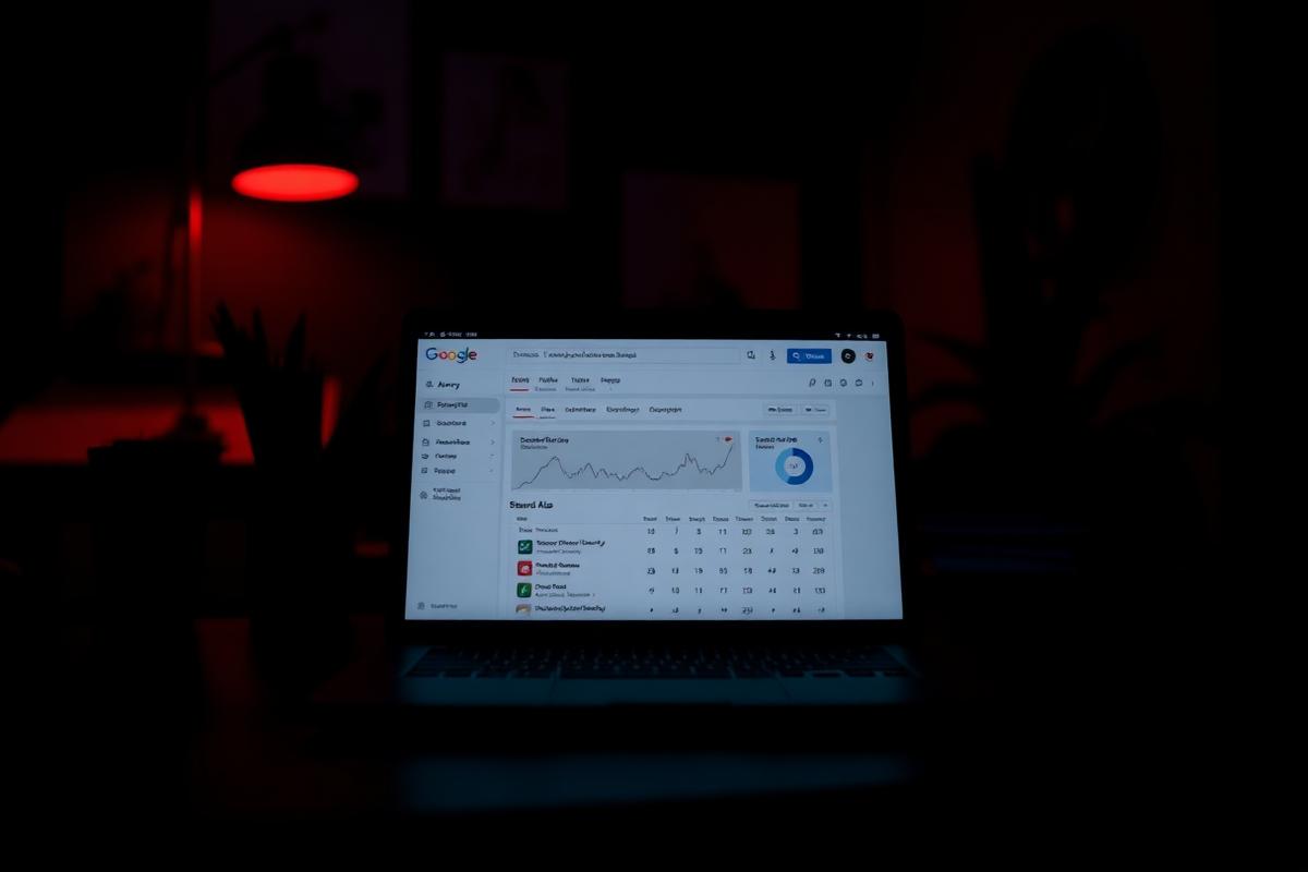Laptop showing a Google Ads campaign dashboard in a dark Phoenix agency office