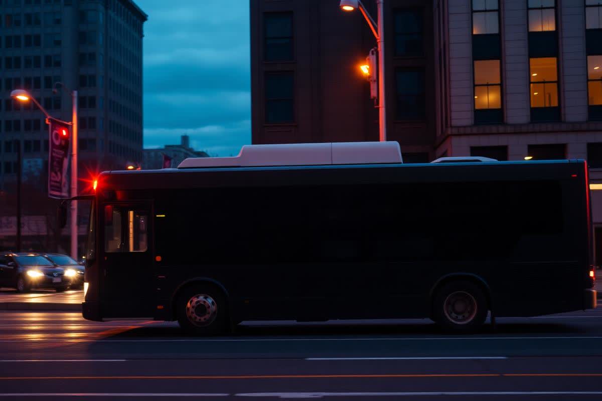 City bus on a downtown street at dusk with a blank advertising panel