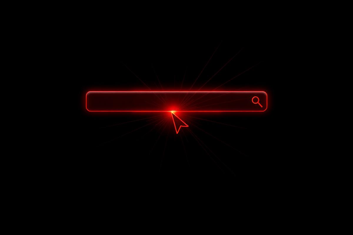 Glowing red search bar and cursor representing search intent