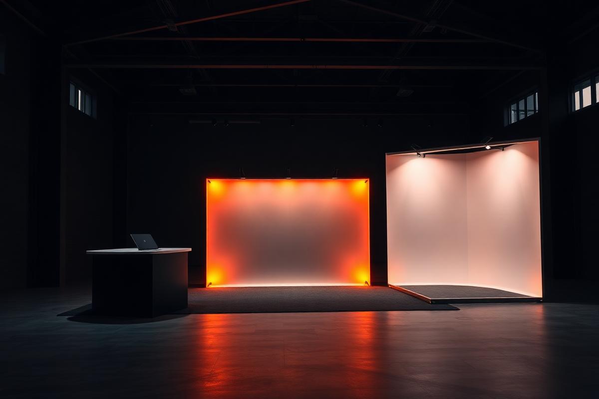 Modular booth formats from tabletop display to island backdrop in a dark warehouse