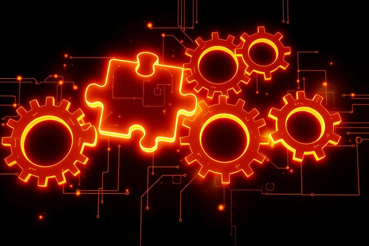 Interlocking orange gears and a puzzle piece representing software integrations