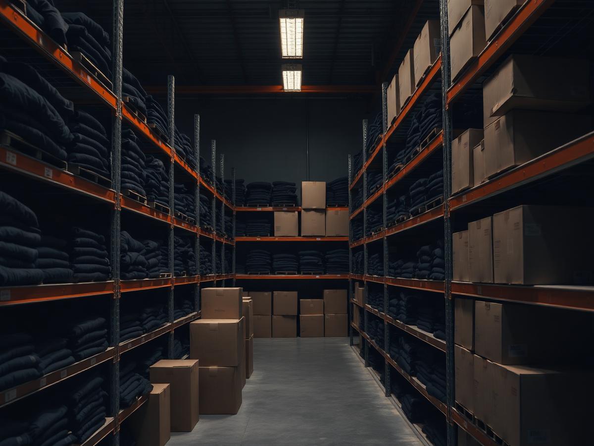 Shelves of folded apparel and shipping boxes in a fulfillment warehouse