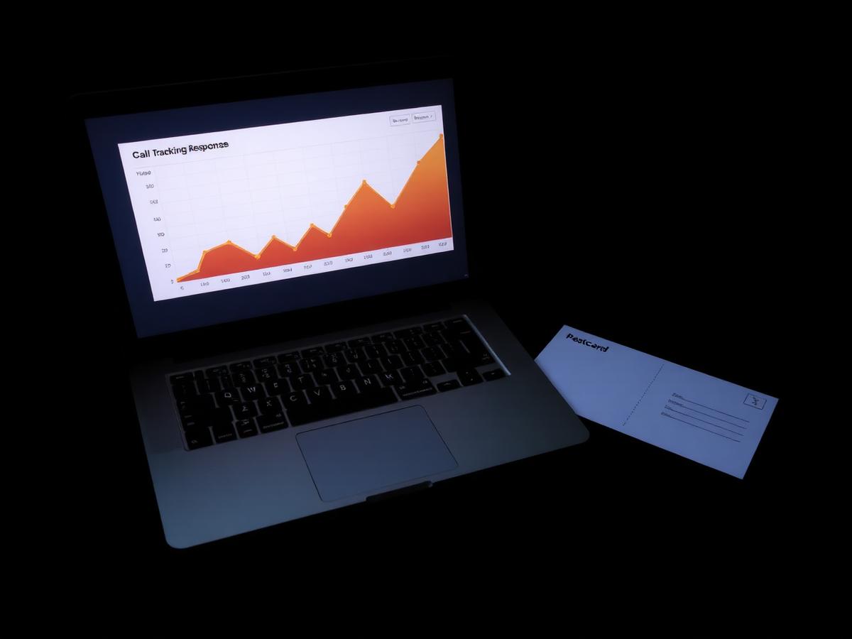 Laptop showing a rising direct mail call tracking response chart