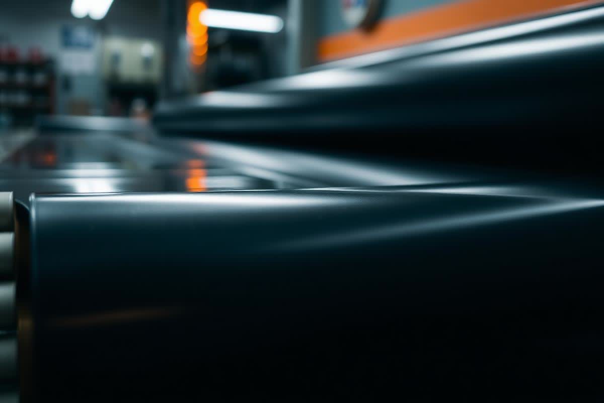 Rolls of vinyl wrap film in a print shop
