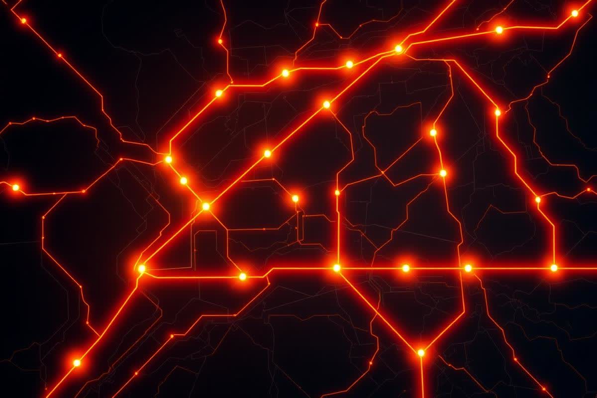 Dark transit route map with glowing orange lines and station nodes