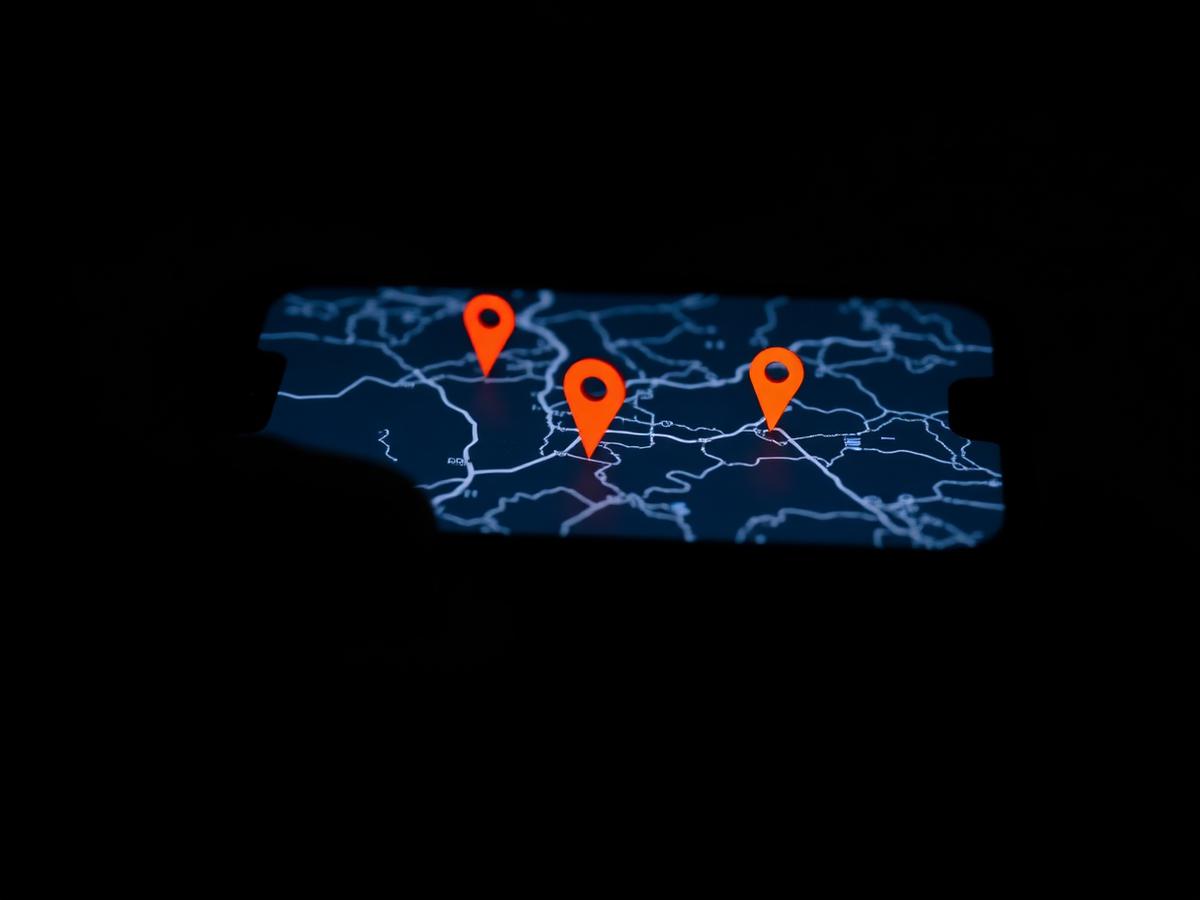 Phone displaying a dark map with orange local search location pins
