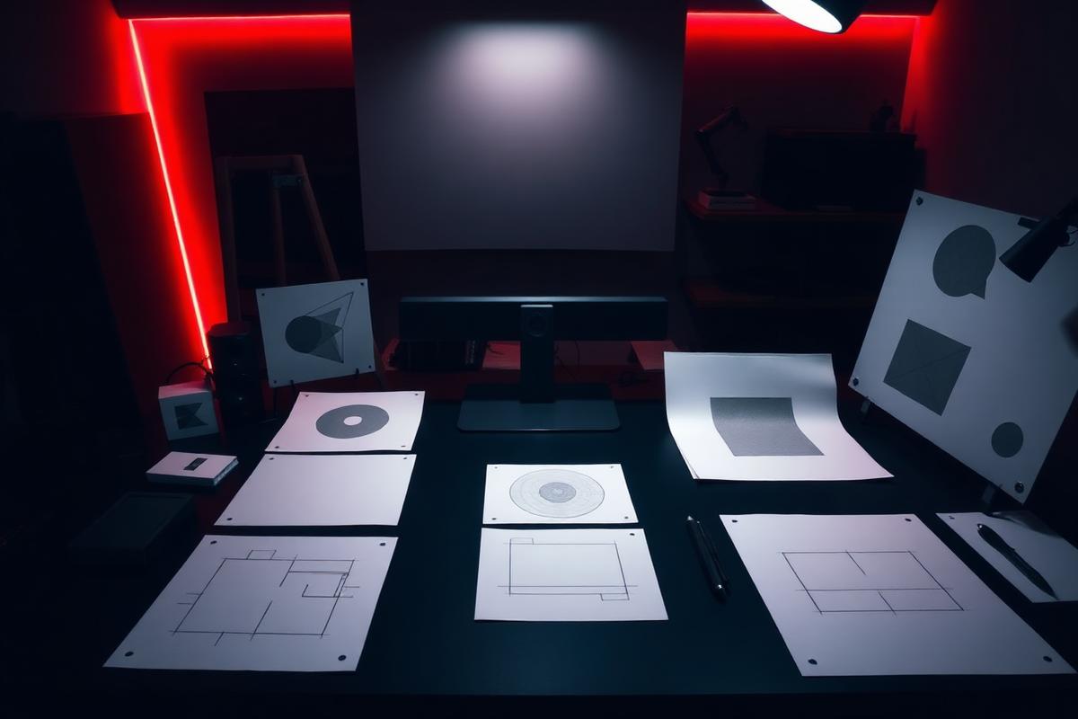 Logo concept sketches spread across a designer's desk in a dark Phoenix studio