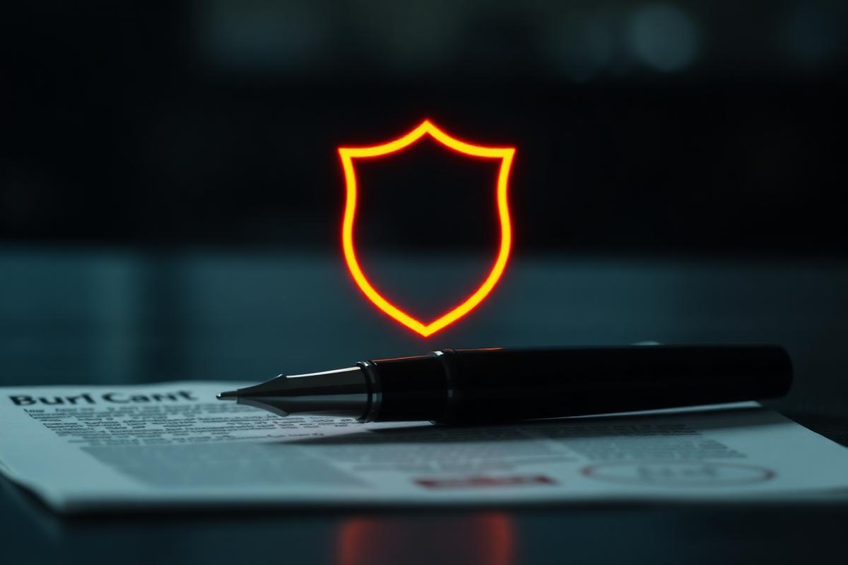 Glowing orange shield above a signed document representing SMS compliance