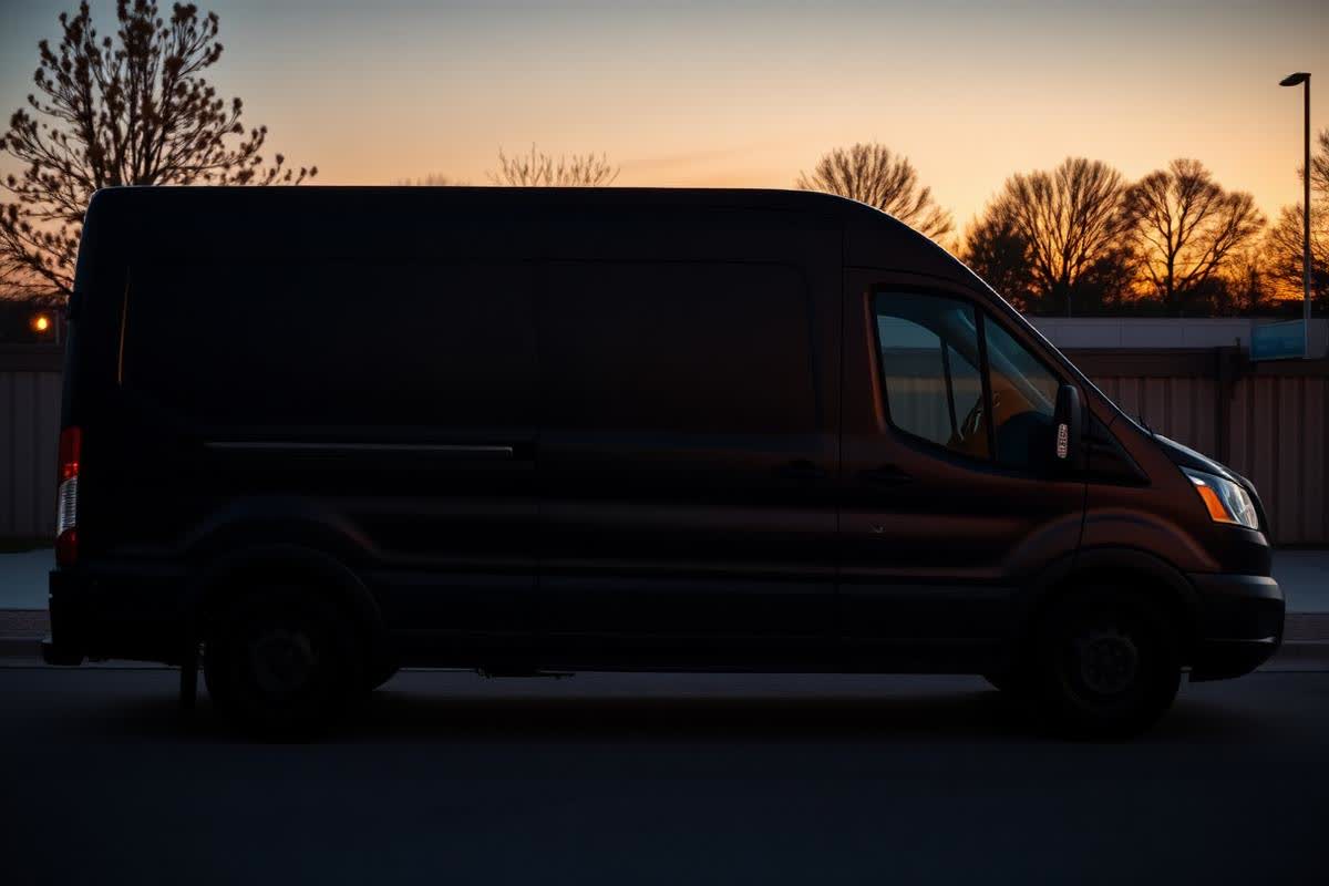 Dark wrapped work van parked at dusk with warm rim light