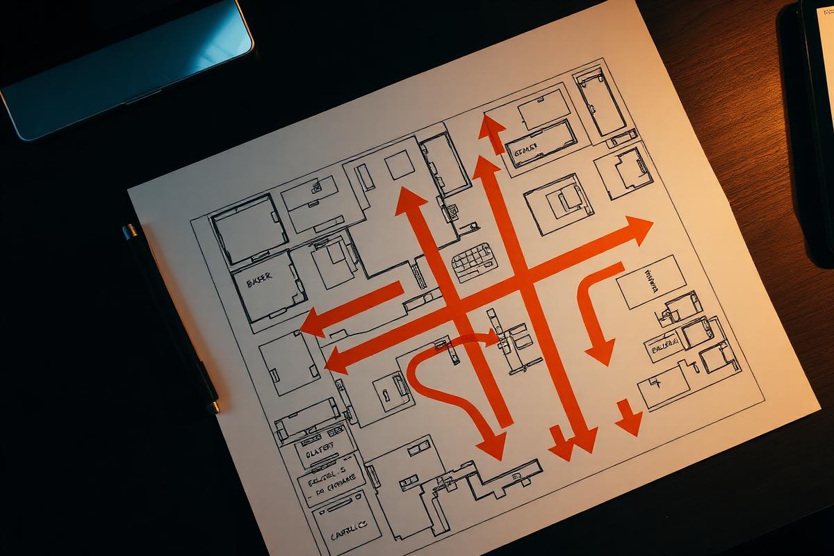 Booth floor plan sketch with orange traffic flow arrows on a dark desk