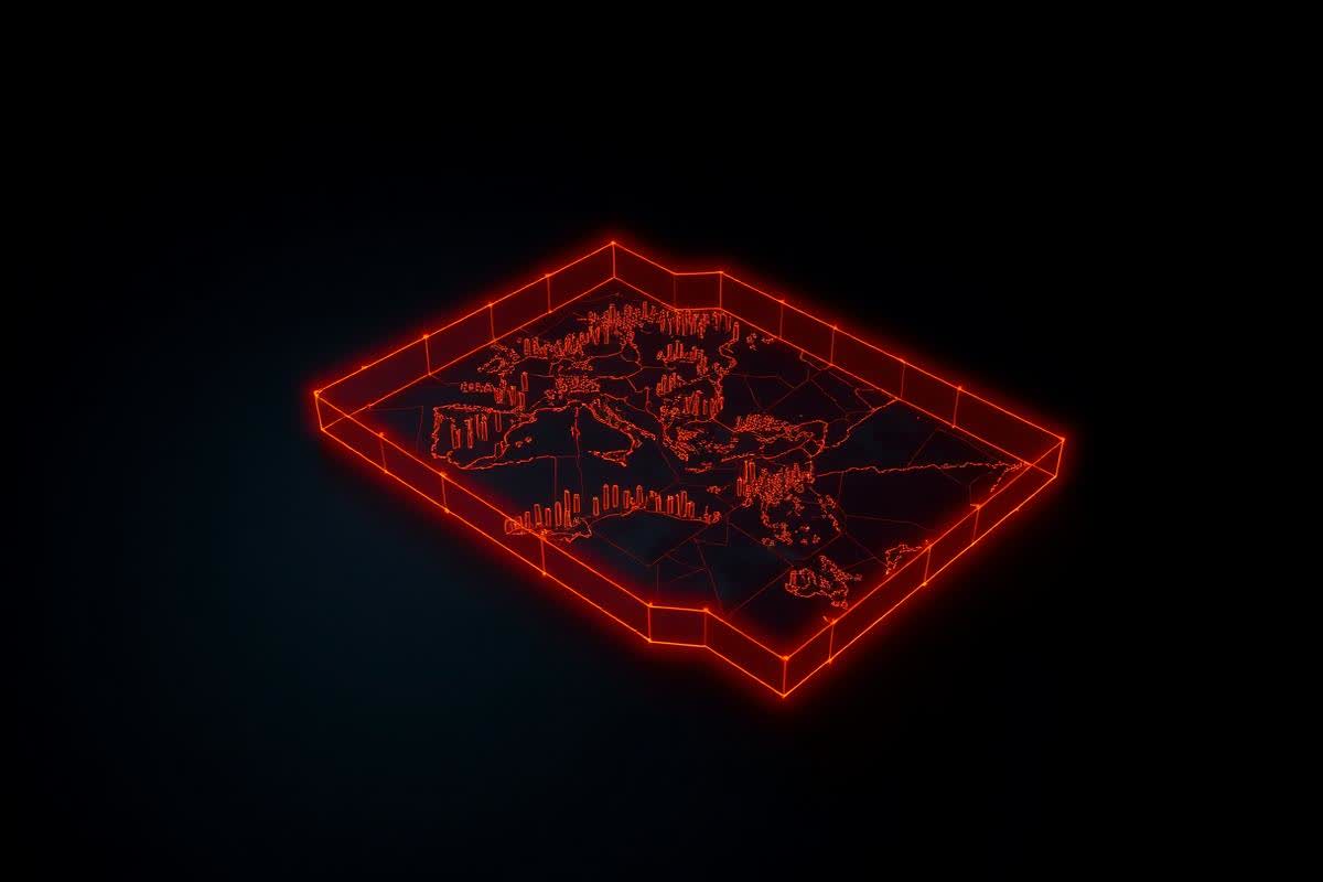 Glowing orange fence drawn around a district on a dark map