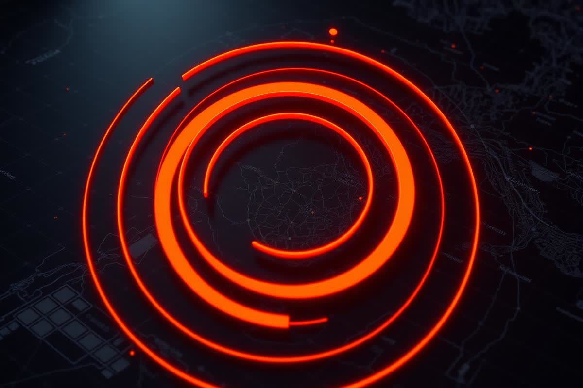 Glowing orange targeting rings over a dark map representing audience targeting