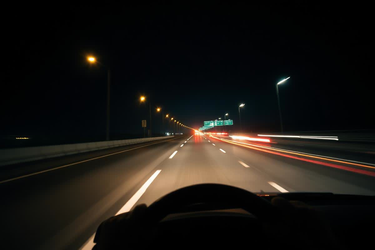 Driver point of view on a night freeway with light trails