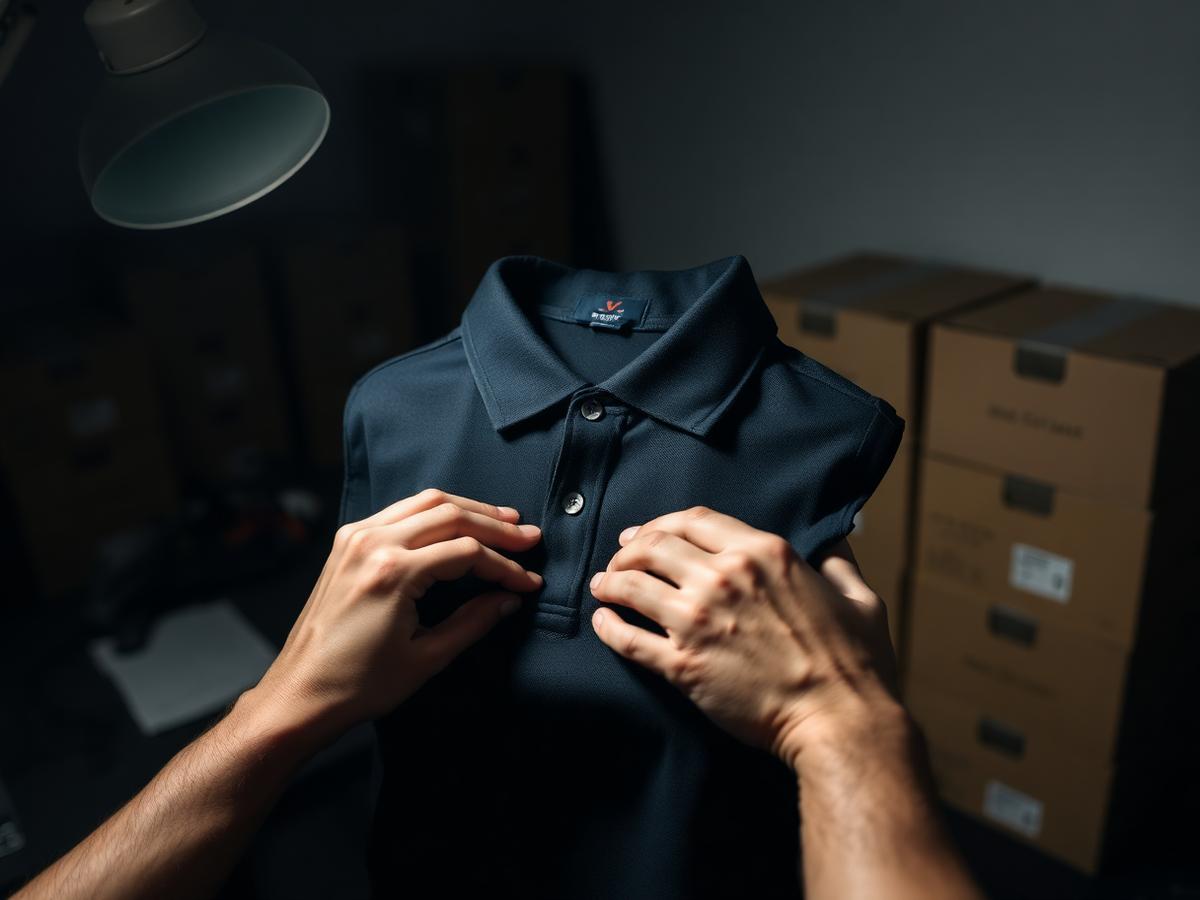 Hands inspecting an embroidered polo shirt under a task lamp