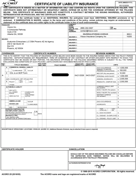 General Liability certificate of insurance, Hiscox
