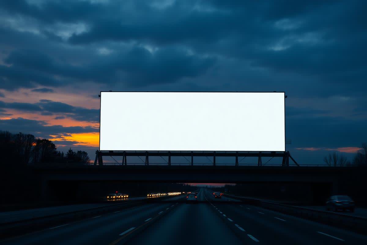 Blank billboard above a highway at dusk