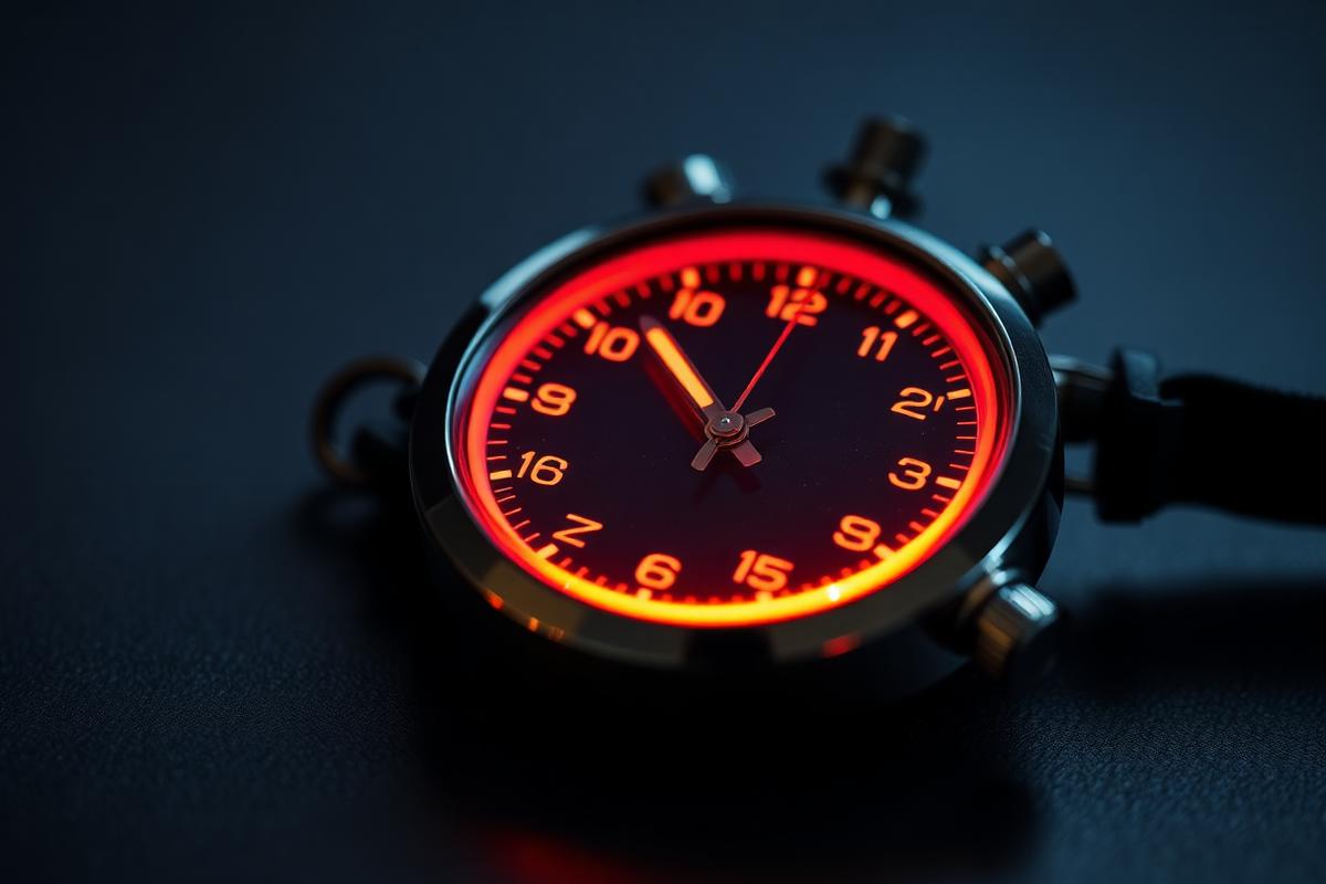 Stopwatch glowing orange on a dark surface representing speed to lead