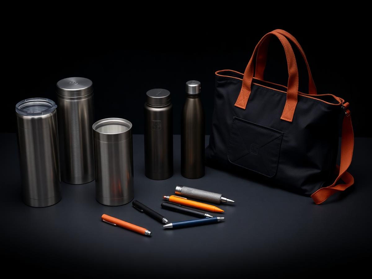Insulated tumblers, water bottles, pens and a tote bag on a dark surface