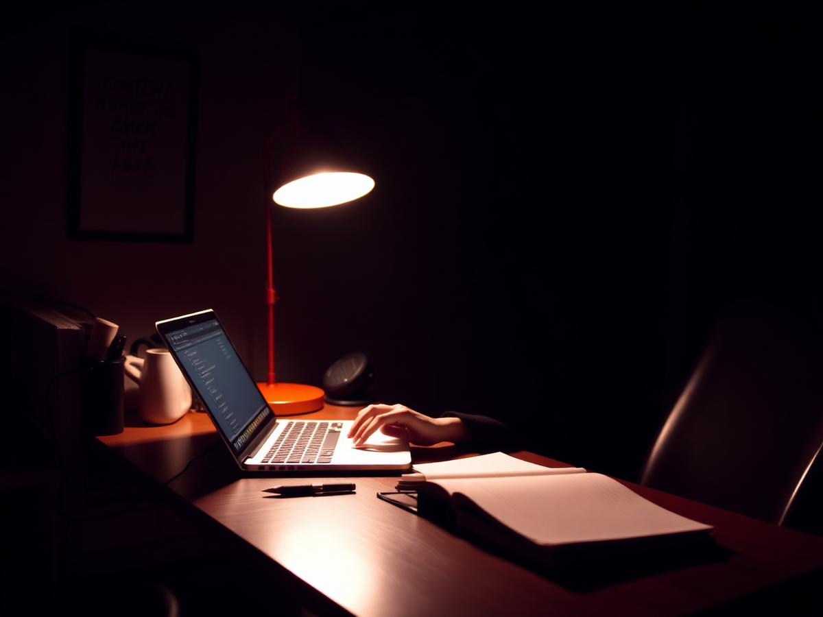Writer working on SEO content at a lamp-lit desk at night