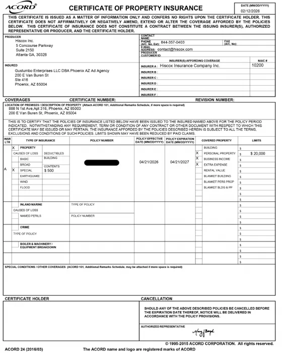 Property certificate of insurance, Hiscox