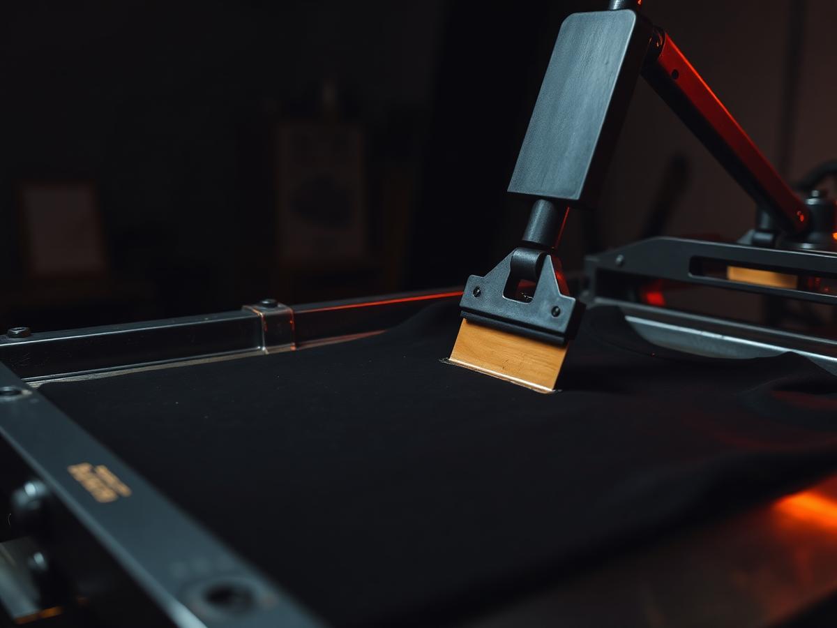 Screen printing squeegee pulling ink across a shirt on a press