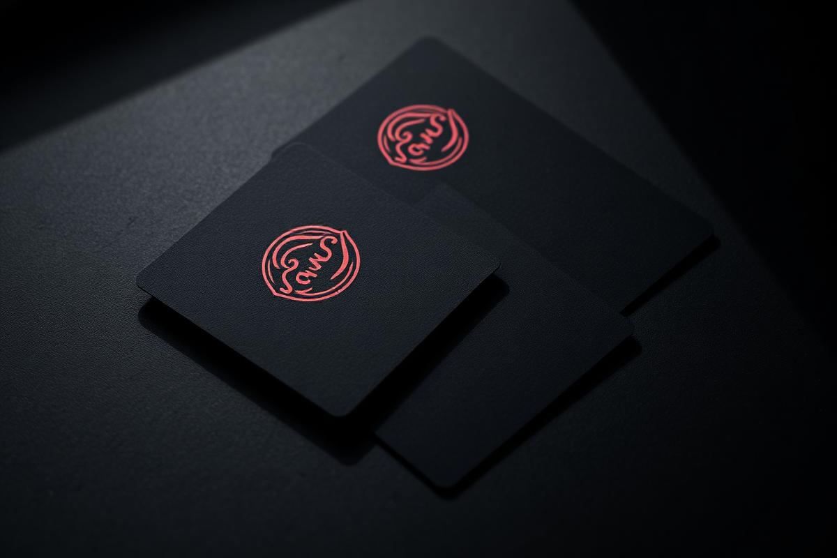 Matte black business cards showing a finished logo mark