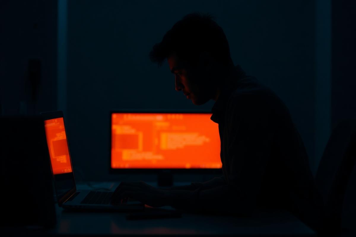 Silhouette of a person reviewing work on a glowing screen, human in the loop