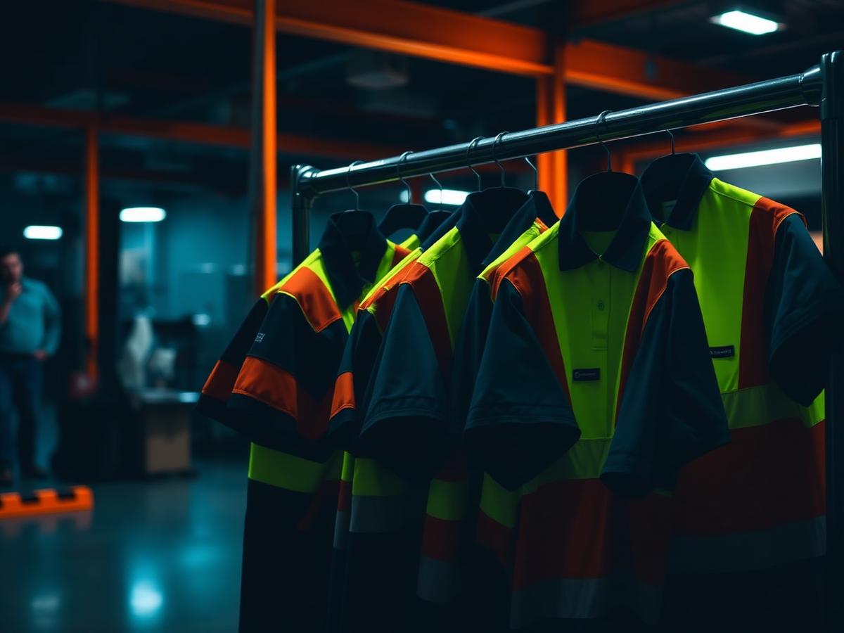 Crew uniforms and hi-vis work shirts hanging on a rack in a warehouse
