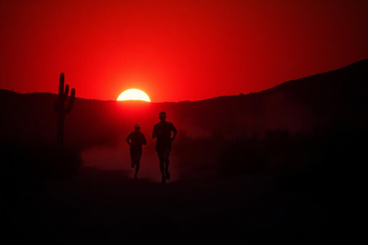 Trail runners racing through the Arizona desert at sunrise