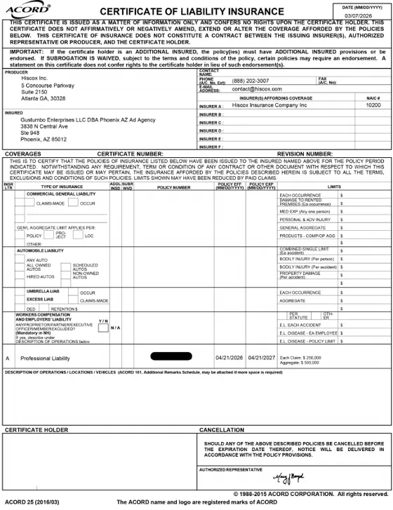 Professional Liability certificate of insurance, Hiscox