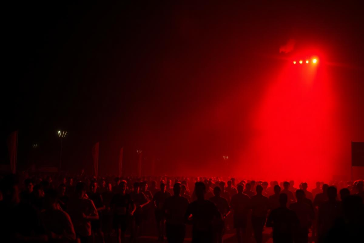Crowd of runners at a floodlit starting line