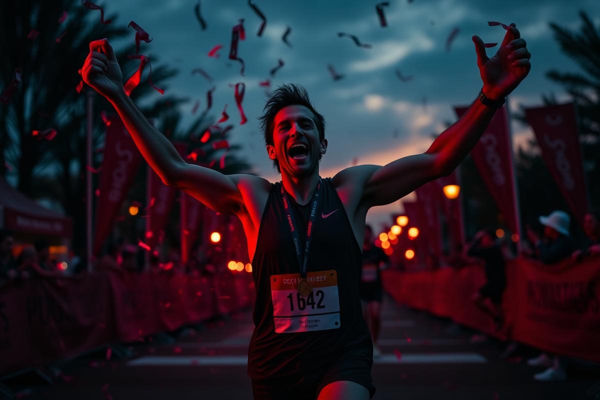 Finisher celebrating at a race finish line at dusk