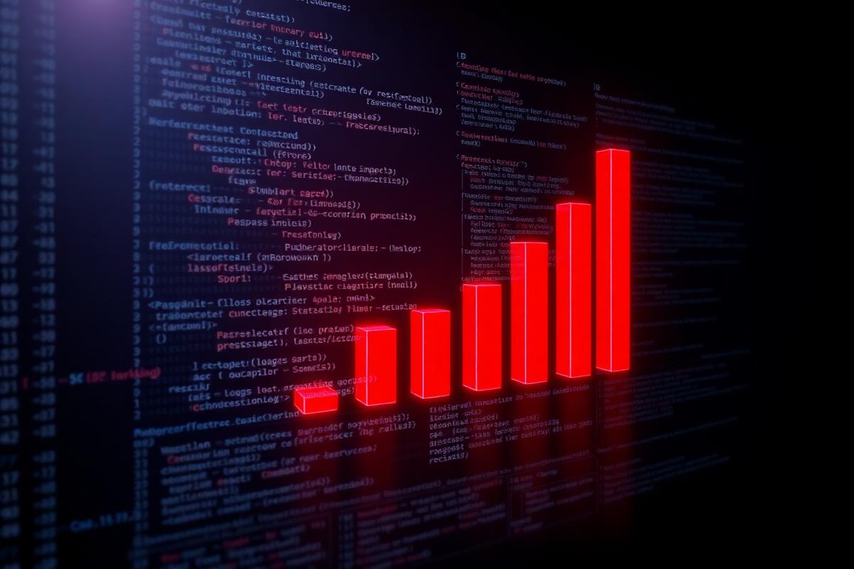 Website code and rising search ranking bars glowing red on black