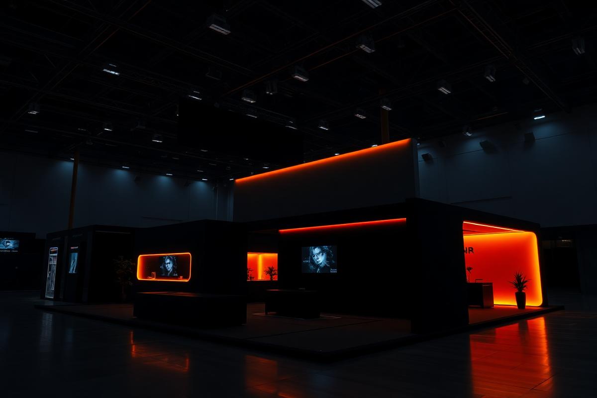 Dark trade show hall with a black exhibition booth lit by orange accent lighting