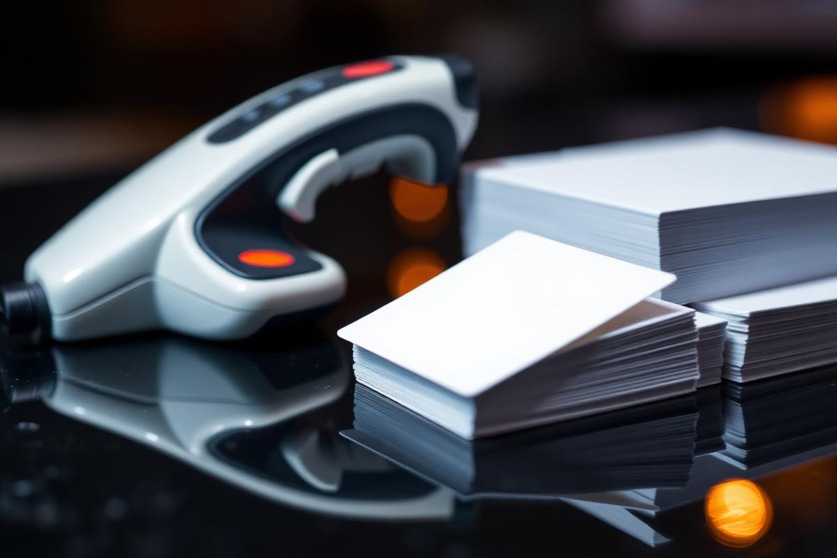 Badge scanner and blank cards on a booth counter for lead capture