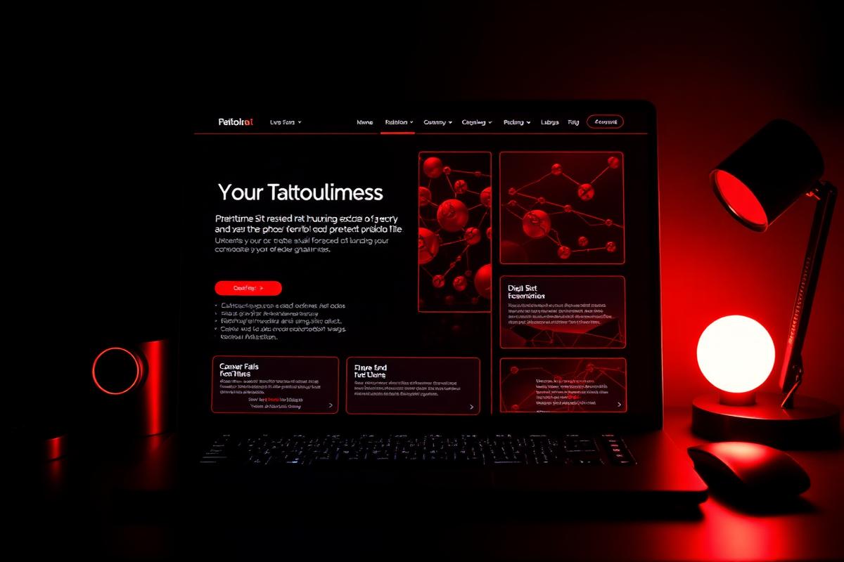 Dark landing page layout glowing red on a designer's screen