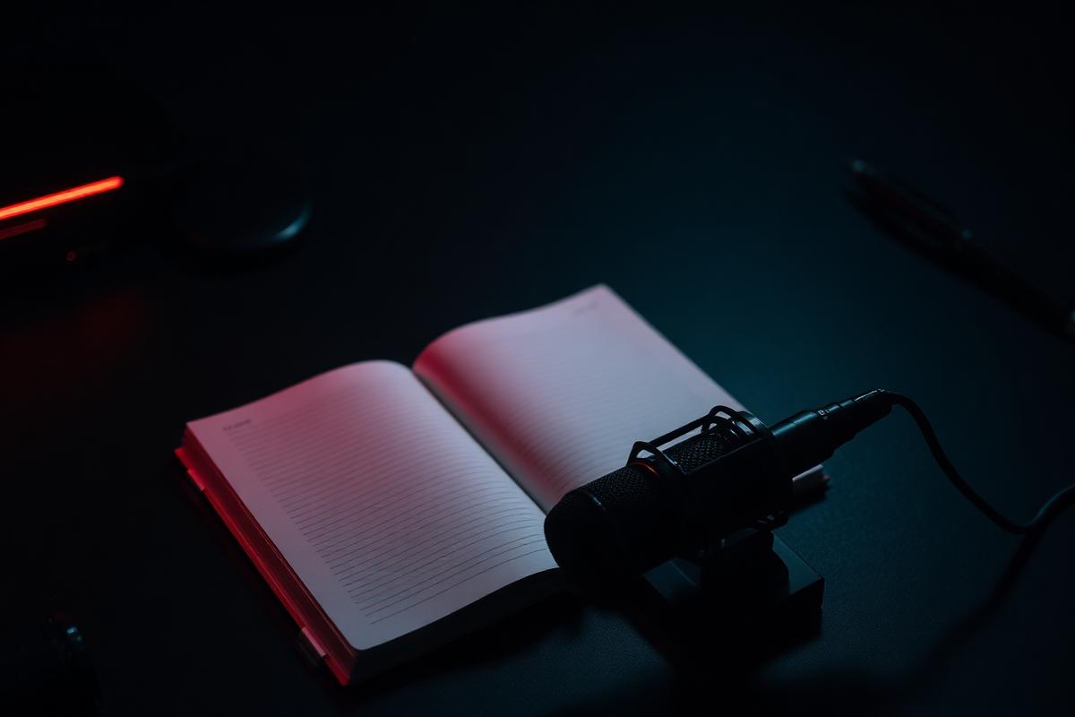 Microphone and open notebook representing brand voice and messaging