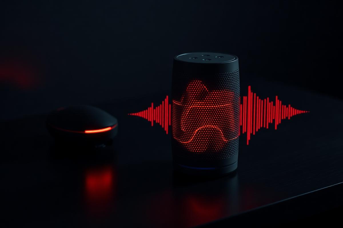 Smart speaker with a glowing voice waveform for voice search
