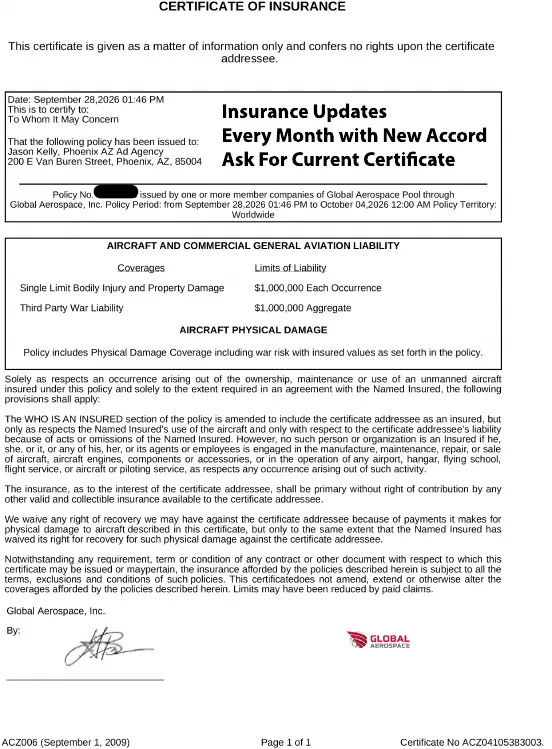 Drone / Aviation Liability certificate of insurance, Global Aerospace