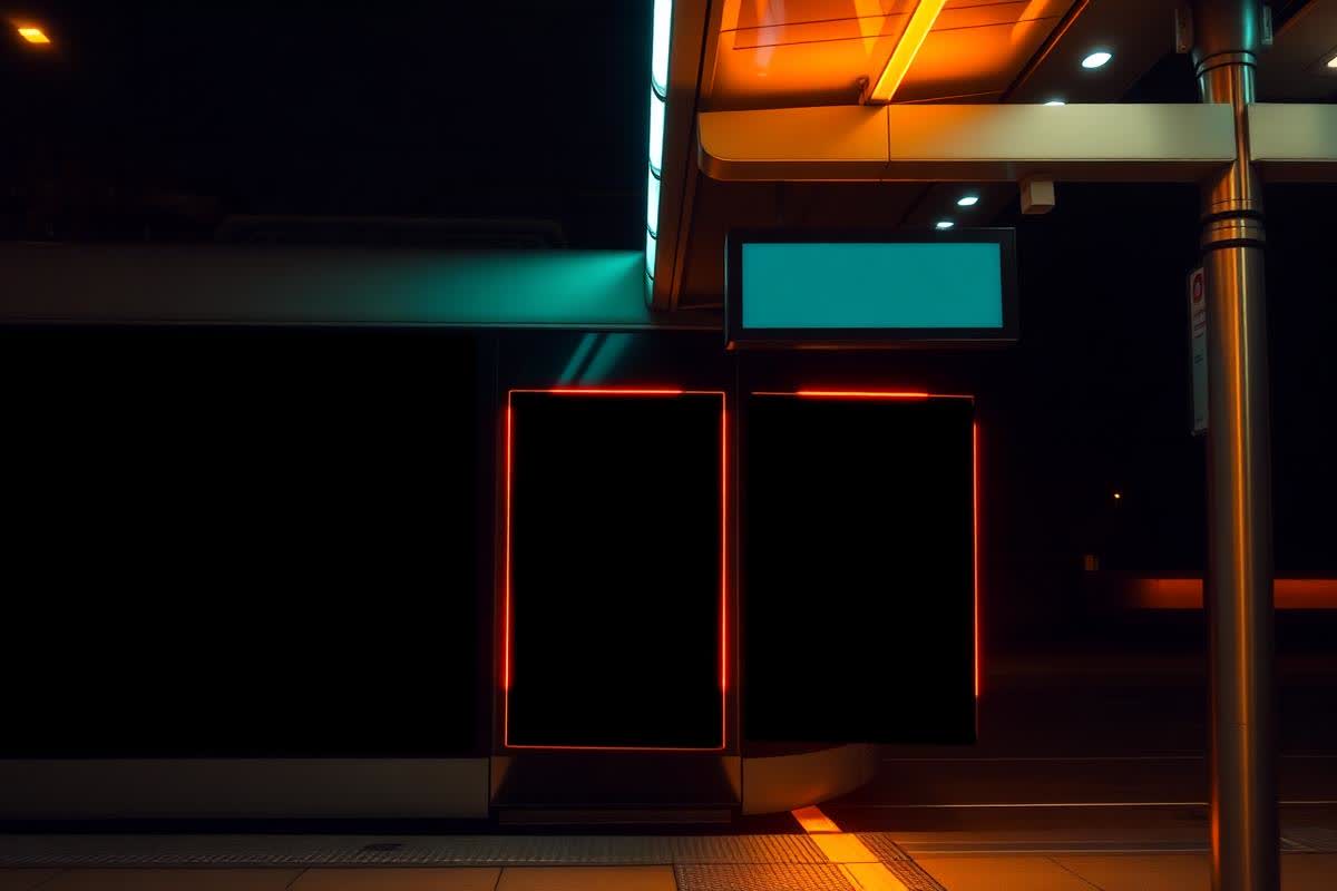 Lit transit shelter and station displays at night